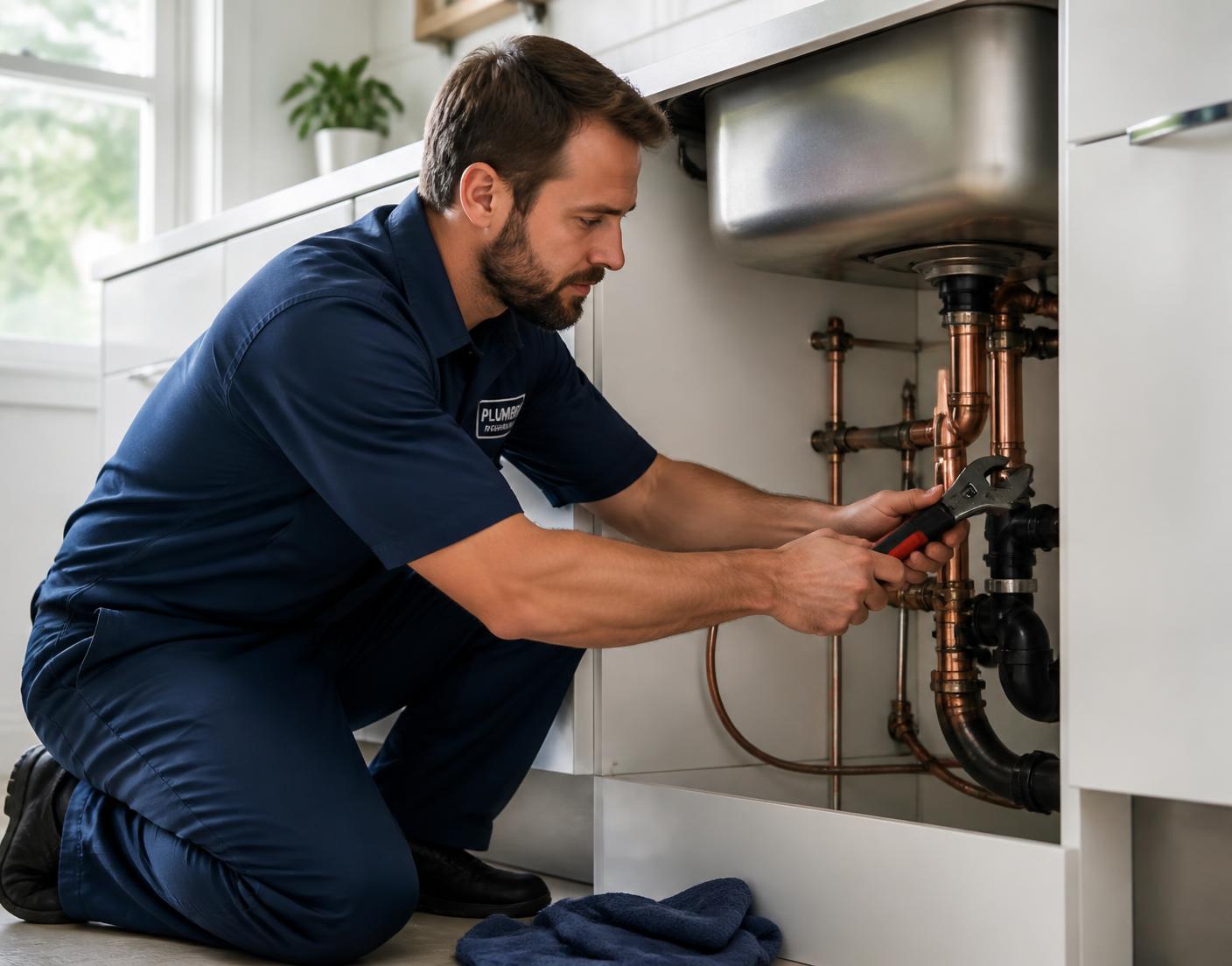 Plumber repairing copper pipes under a kitchen sink in a Hamilton home